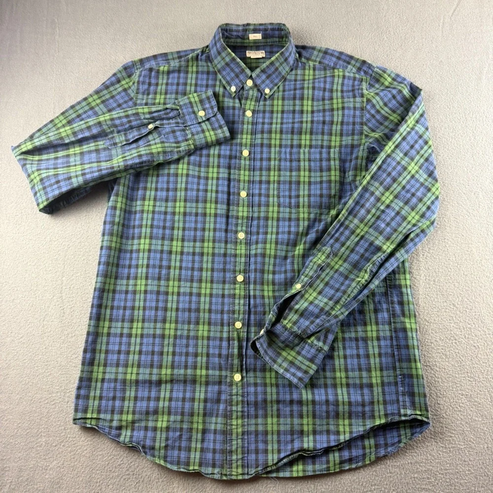 J Crew Shirt Men's LT Blue Green Plaid Black Watch OCBD Oxford Tall Office Dress